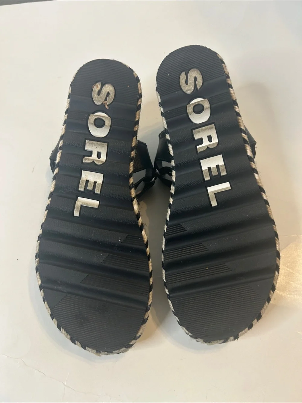Sorel, Black Platform Espadrille Sandals with Ankle Strap